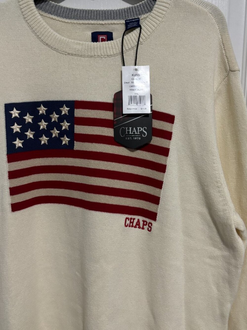Chaps Men's American Flag Patriotic Long Sleeve Crewneck Sweater, Cream, XXL